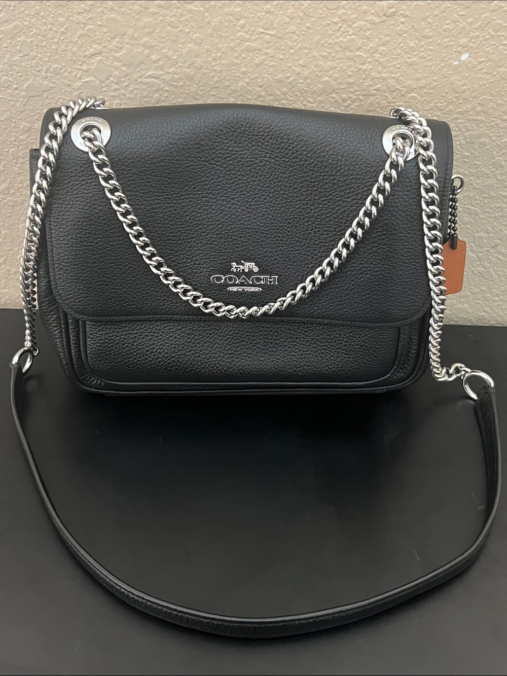 Coach Black Elodie Pebbled Leather Crossbody Bag with Silver Chain